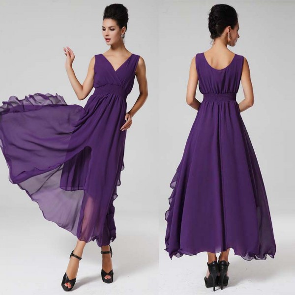 Purple V Neck Irregular Sleevelss Dresss
